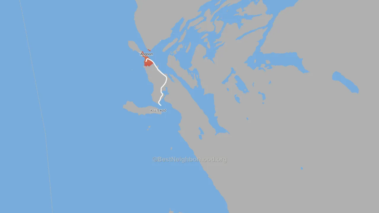 Walk Grade map of Angoon, AK, walkable areas in green and car-dependent areas in red