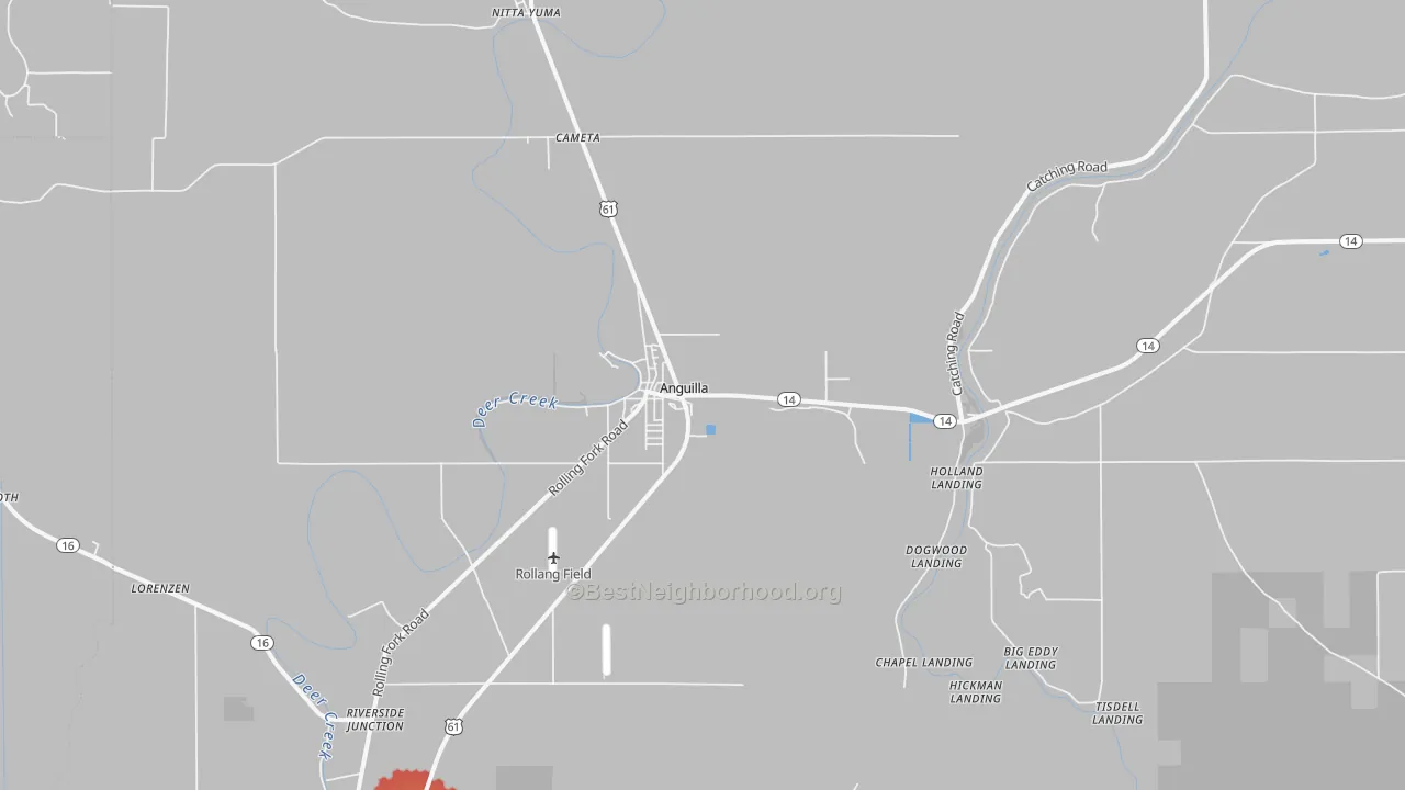 Walk Grade map of Anguilla, MS, walkable areas in green and car-dependent areas in red