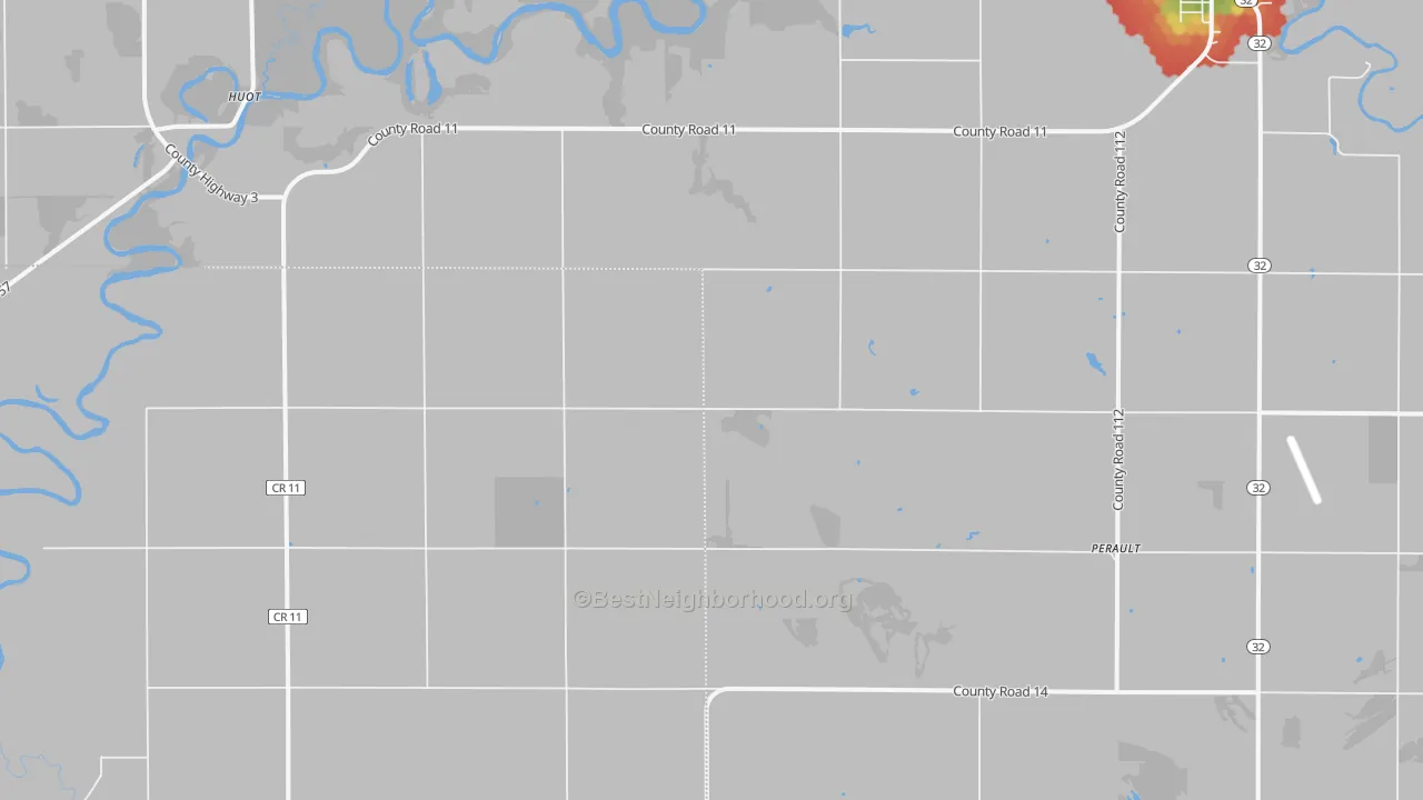 Walk Grade map of Angus, MN, walkable areas in green and car-dependent areas in red