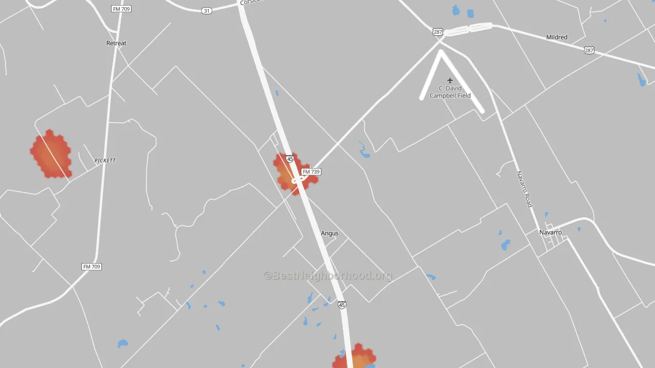 Walk Grade map of Angus, TX, walkable areas in green and car-dependent areas in red