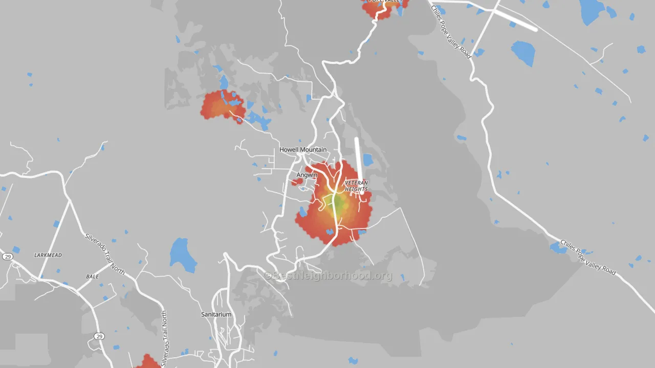 Walk Grade map of Angwin, CA, walkable areas in green and car-dependent areas in red