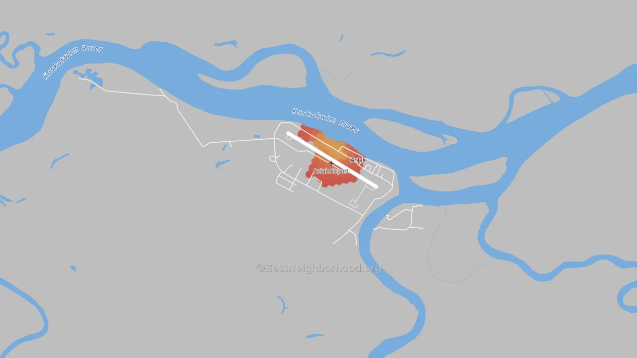 Walk Grade map of Aniak, AK, walkable areas in green and car-dependent areas in red
