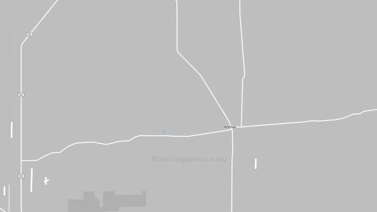 Walk Grade map of Animas, NM, walkable areas in green and car-dependent areas in red