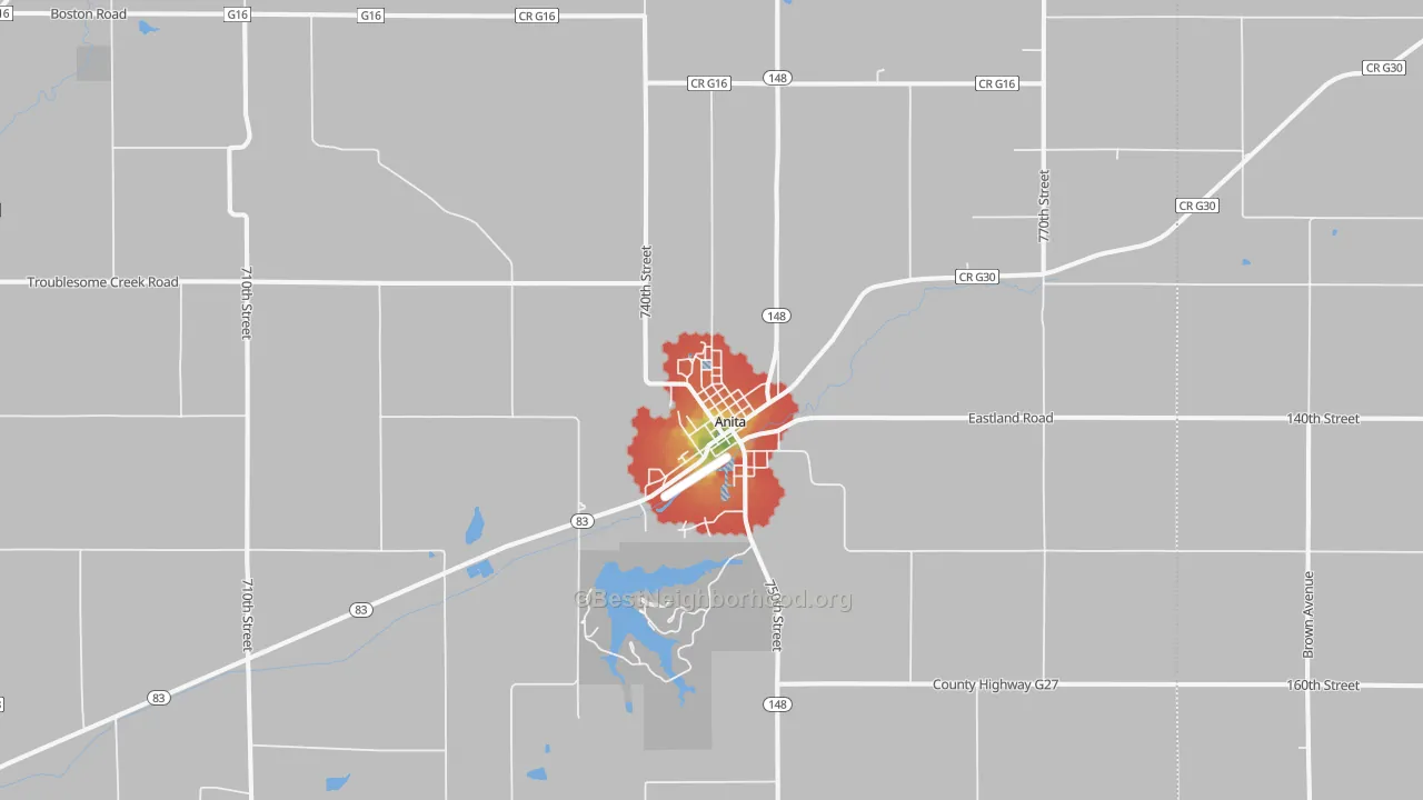 Walk Grade map of Anita, IA, walkable areas in green and car-dependent areas in red