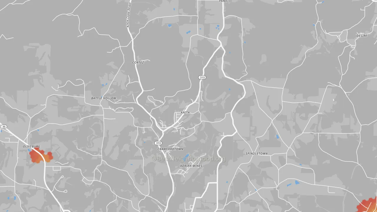 Walk Grade map of Anita, PA, walkable areas in green and car-dependent areas in red