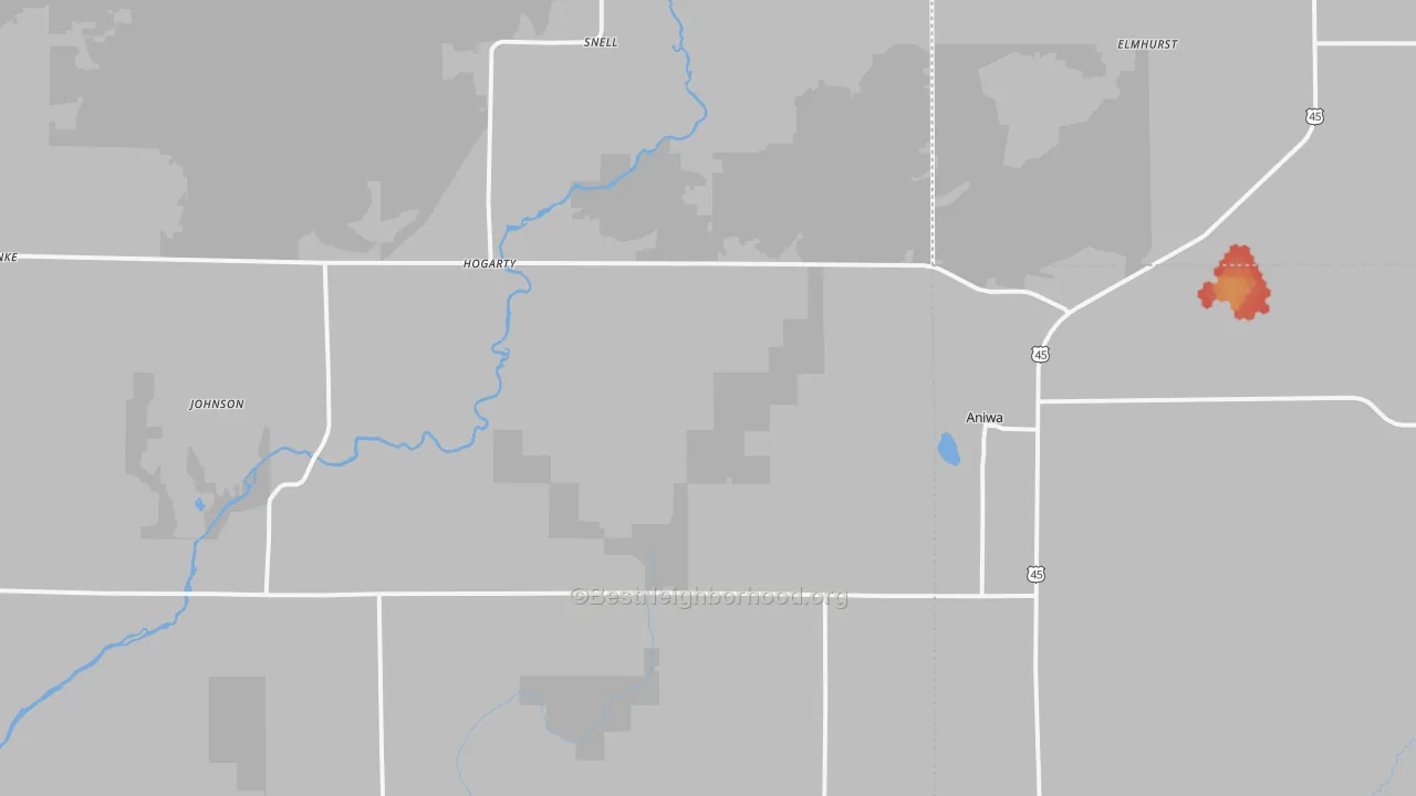 Walk Grade map of Aniwa, WI, walkable areas in green and car-dependent areas in red