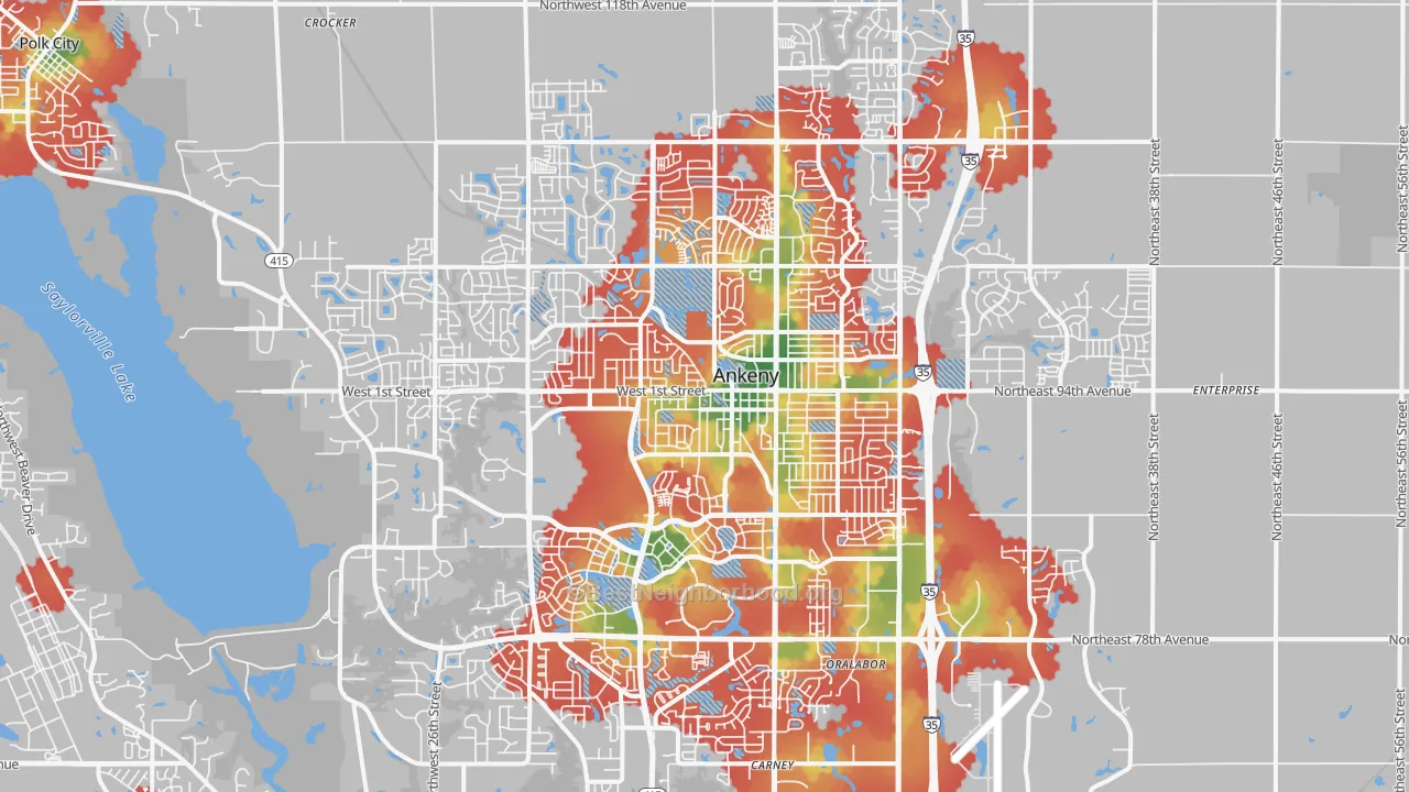 Walk Grade map of Ankeny, IA, walkable areas in green and car-dependent areas in red