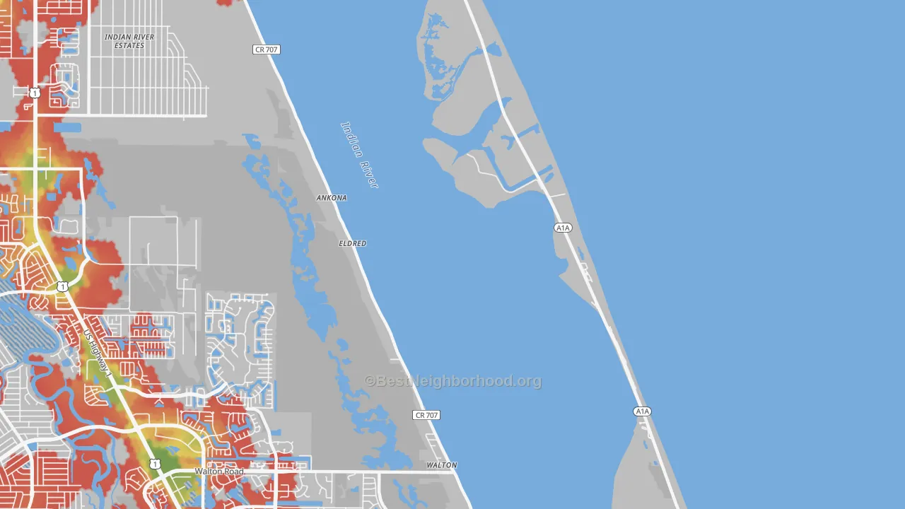 Walk Grade map of Ankona, FL, walkable areas in green and car-dependent areas in red
