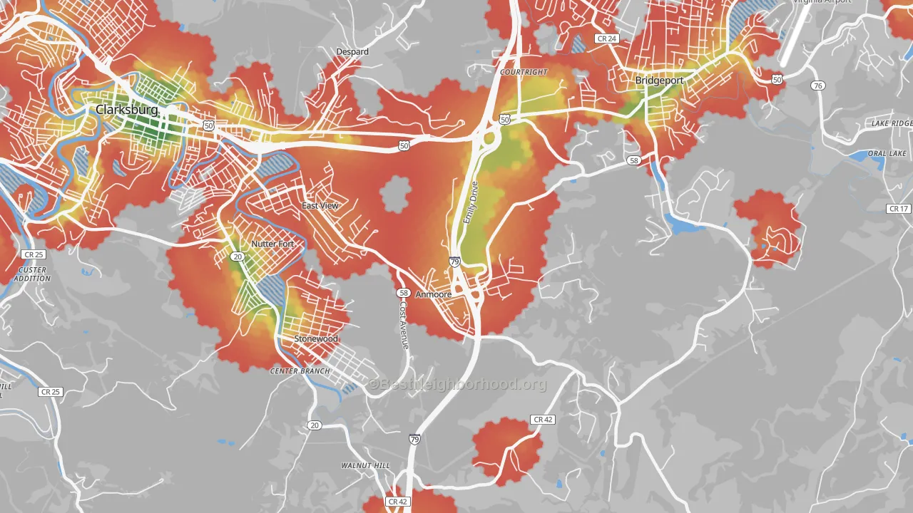 Walk Grade map of Anmoore, WV, walkable areas in green and car-dependent areas in red