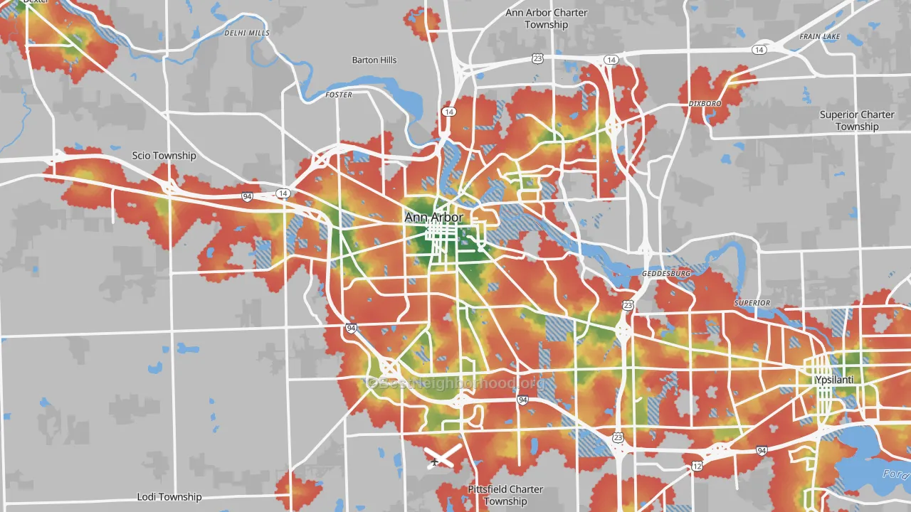 Walk Grade map of Ann Arbor, MI, walkable areas in green and car-dependent areas in red