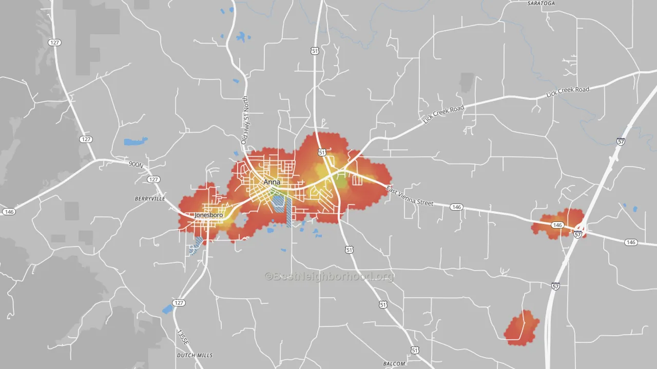 Walk Grade map of Anna, IL, walkable areas in green and car-dependent areas in red