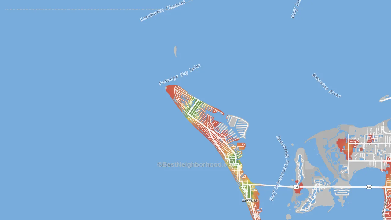 Walk Grade map of Anna Maria, FL, walkable areas in green and car-dependent areas in red
