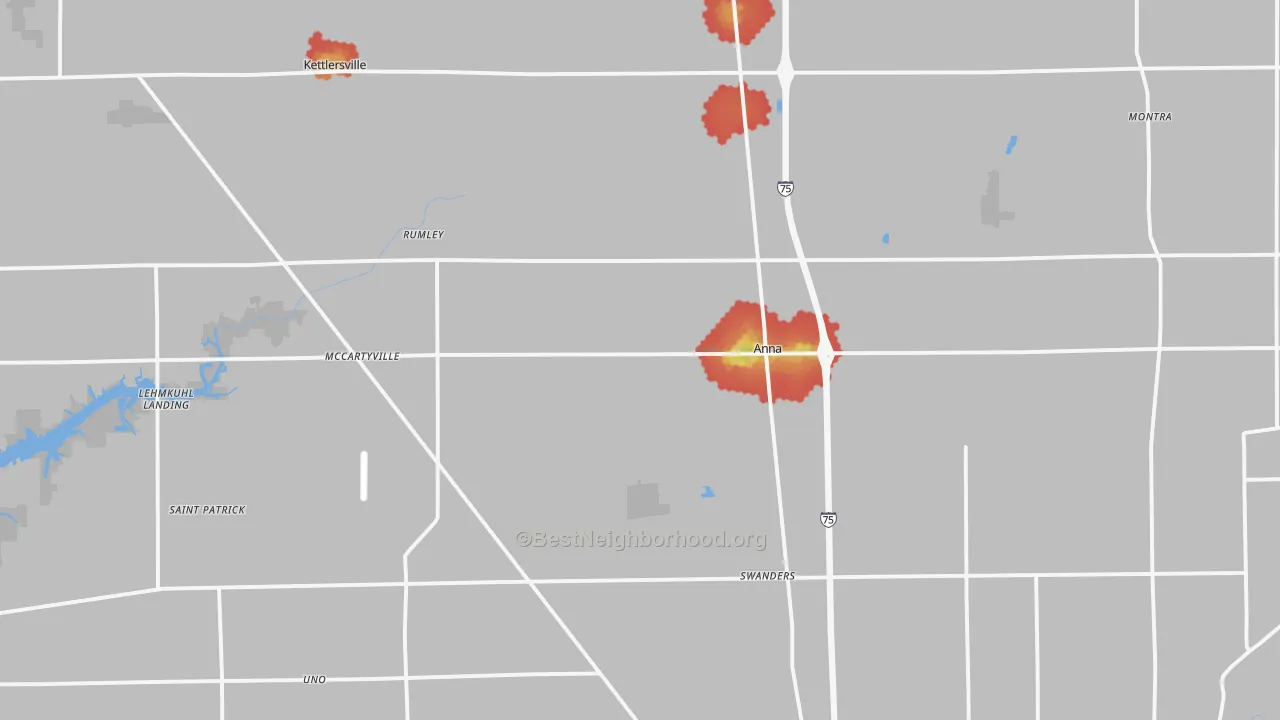 Walk Grade map of Anna, OH, walkable areas in green and car-dependent areas in red