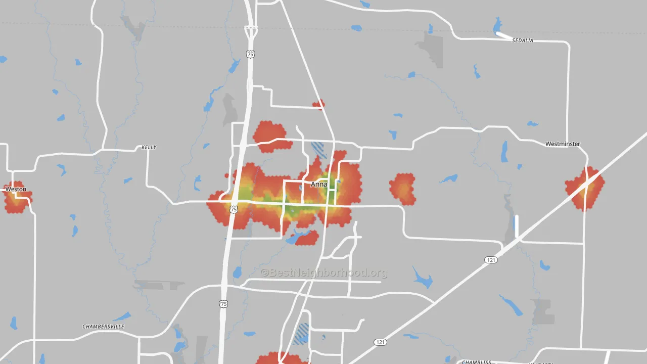 Walk Grade map of Anna, TX, walkable areas in green and car-dependent areas in red