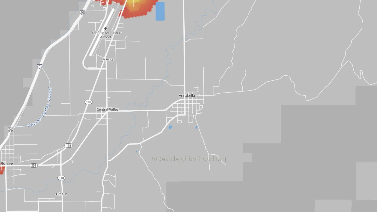Walk Grade map of Annabella, UT, walkable areas in green and car-dependent areas in red