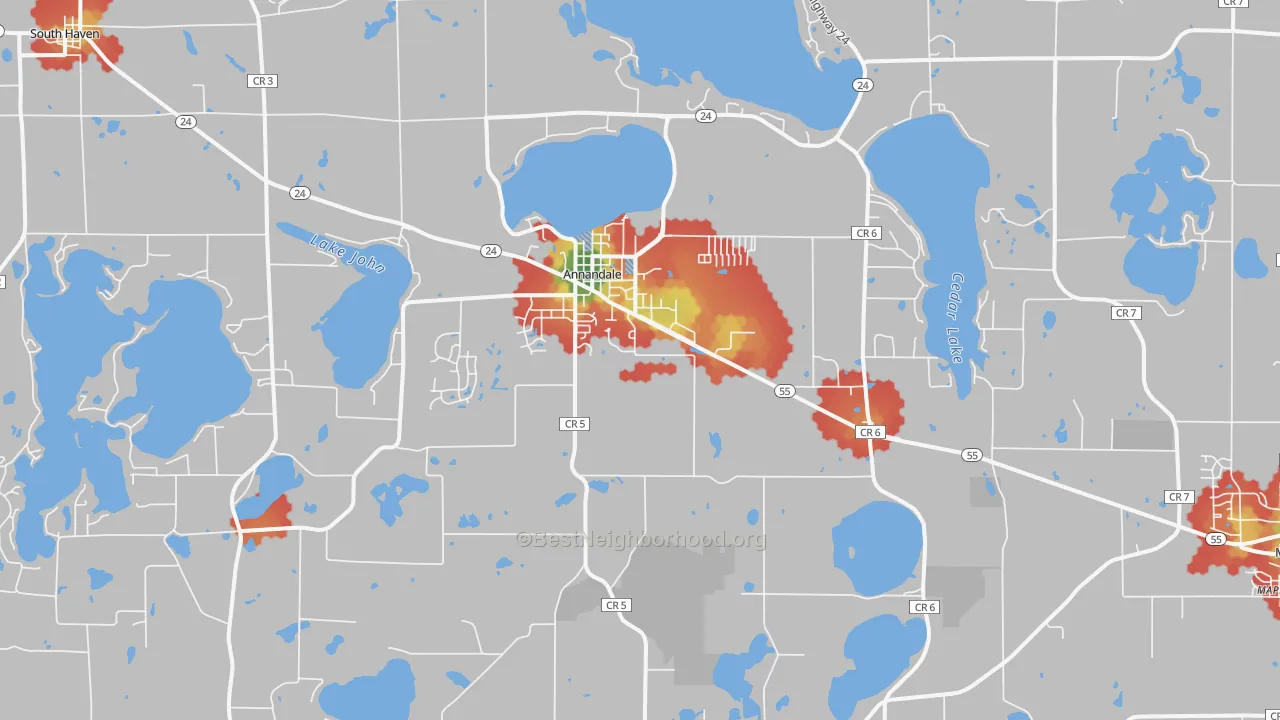 Walk Grade map of Annandale, MN, walkable areas in green and car-dependent areas in red