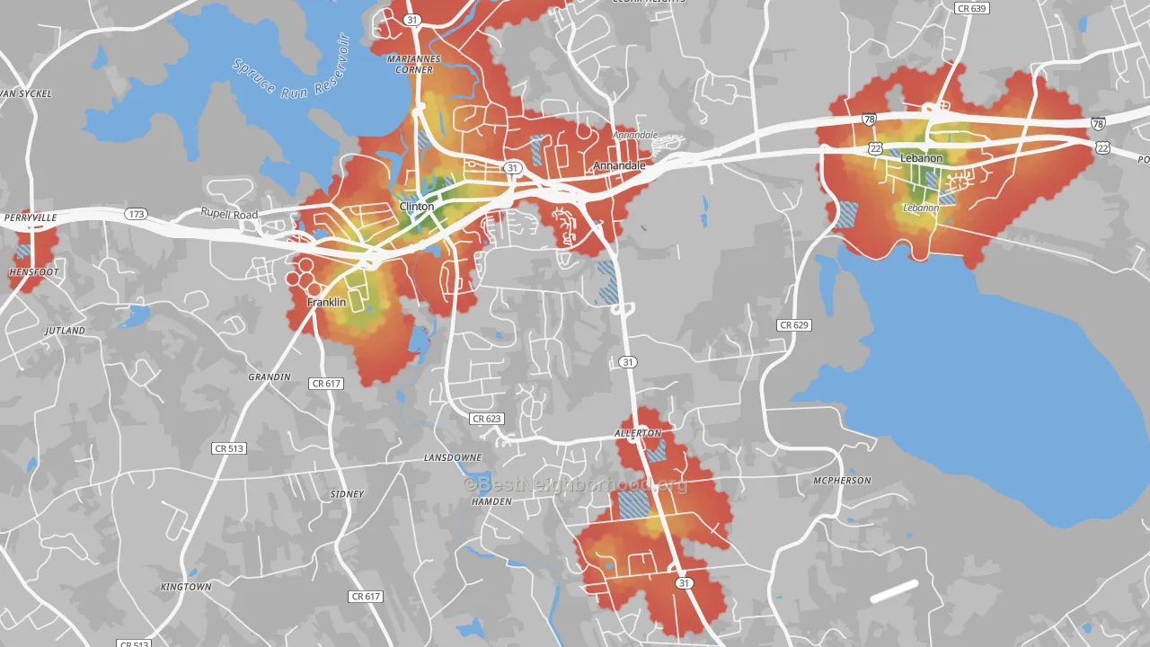 Walk Grade map of Annandale, NJ, walkable areas in green and car-dependent areas in red