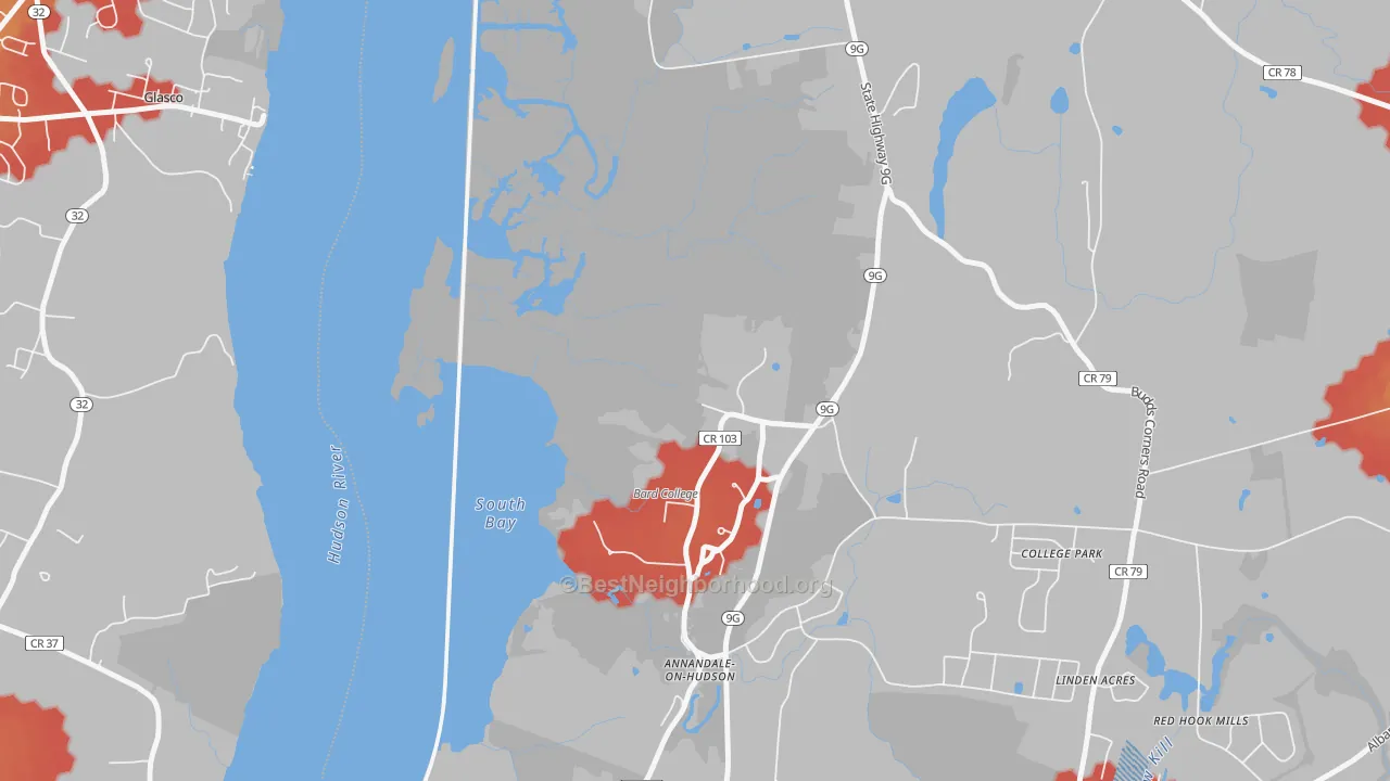 Walk Grade map of Annandale On Hudson, NY, walkable areas in green and car-dependent areas in red
