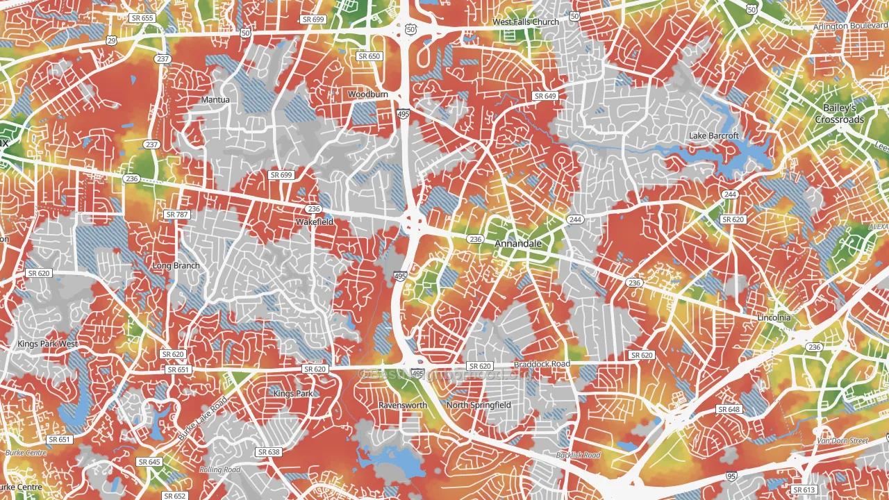 Walk Grade map of Annandale, VA, walkable areas in green and car-dependent areas in red