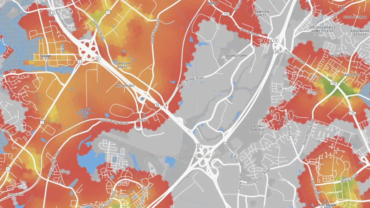 Walk Grade map of Annapolis Junction, MD, walkable areas in green and car-dependent areas in red