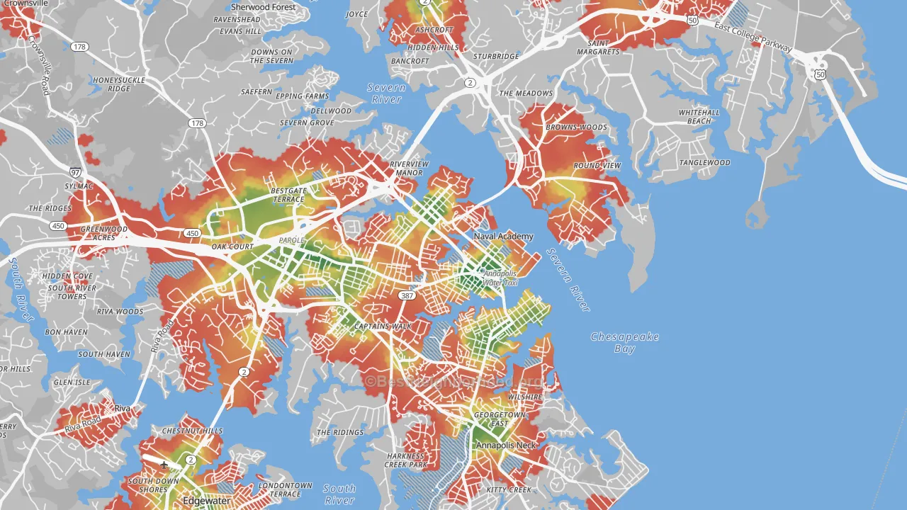 Walk Grade map of Annapolis, MD, walkable areas in green and car-dependent areas in red