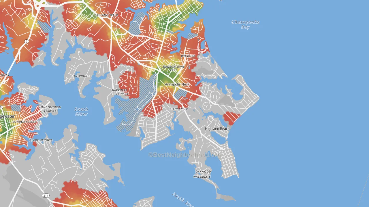 Walk Grade map of Annapolis Neck, MD, walkable areas in green and car-dependent areas in red