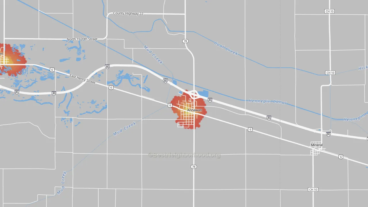 Walk Grade map of Annawan, IL, walkable areas in green and car-dependent areas in red