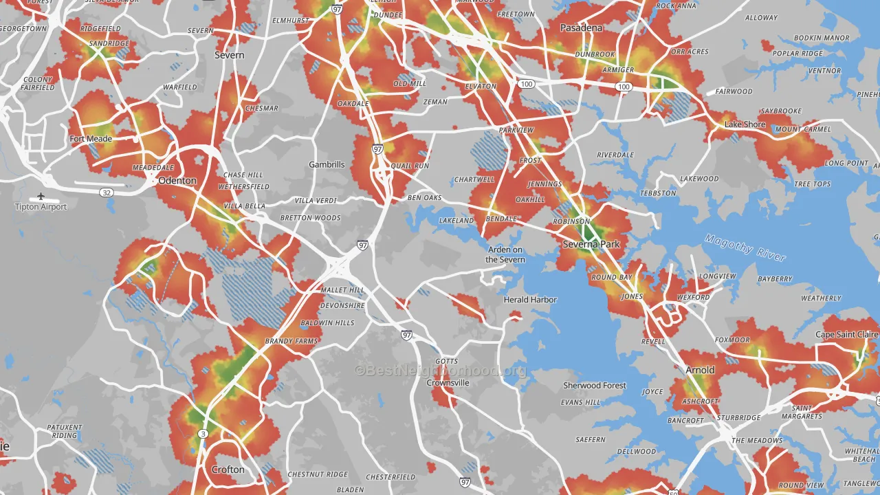 Walk Grade map of Anne Arundel County, MD, walkable areas in green and car-dependent areas in red