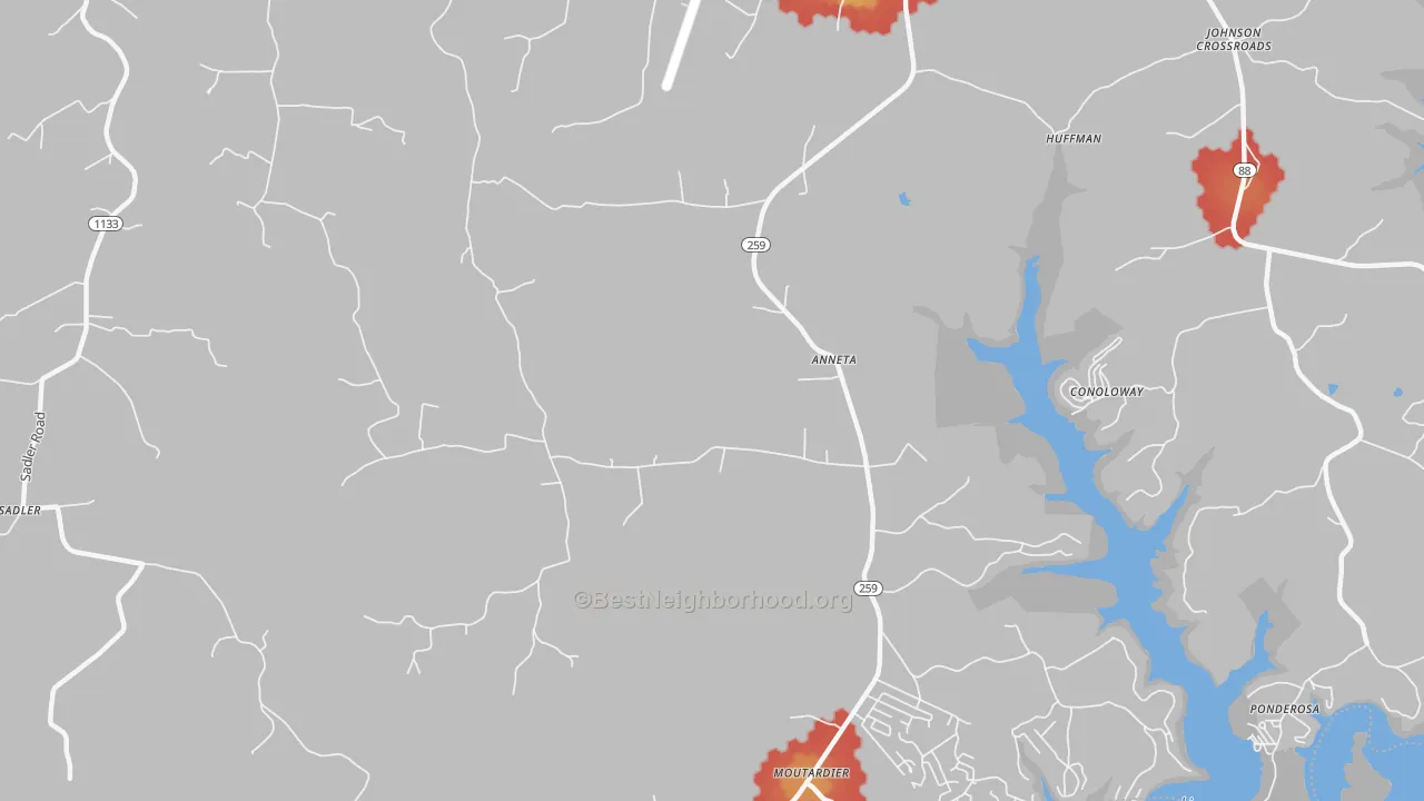 Walk Grade map of Anneta, KY, walkable areas in green and car-dependent areas in red