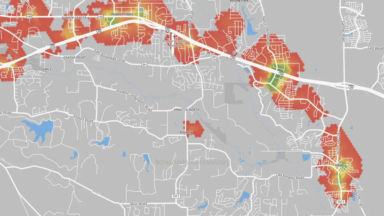 Walk Grade map of Annetta North, TX, walkable areas in green and car-dependent areas in red