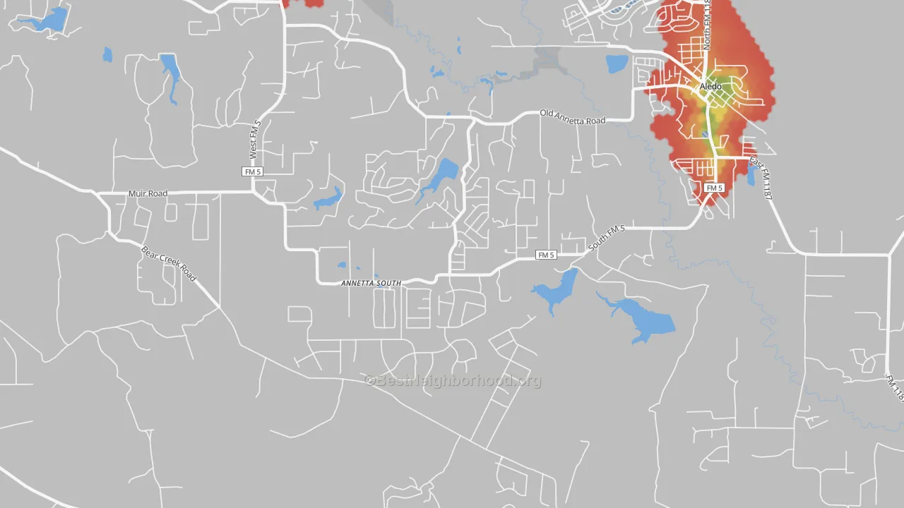 Walk Grade map of Annetta South, TX, walkable areas in green and car-dependent areas in red
