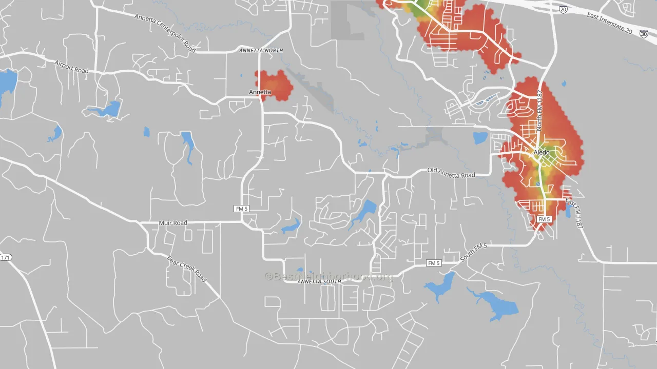 Walk Grade map of Annetta, TX, walkable areas in green and car-dependent areas in red