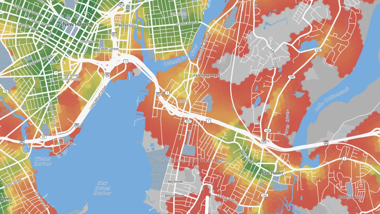 Walk Grade map of Annex, East Haven, CT, walkable areas in green and car-dependent areas in red
