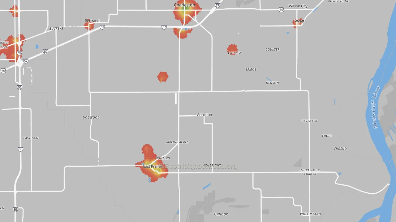 Walk Grade map of Anniston, MO, walkable areas in green and car-dependent areas in red