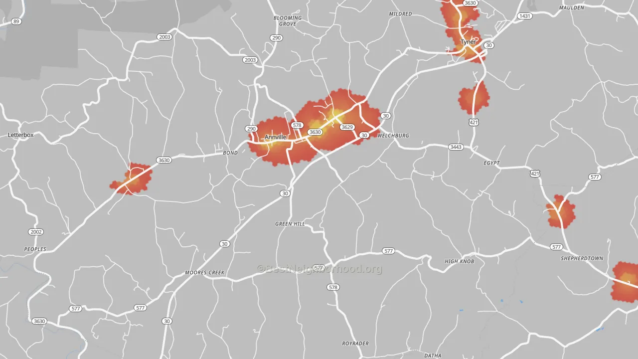 Walk Grade map of Annville, KY, walkable areas in green and car-dependent areas in red