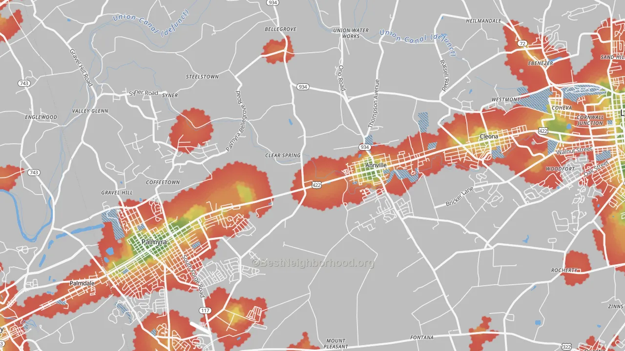 Walk Grade map of Annville, PA, walkable areas in green and car-dependent areas in red