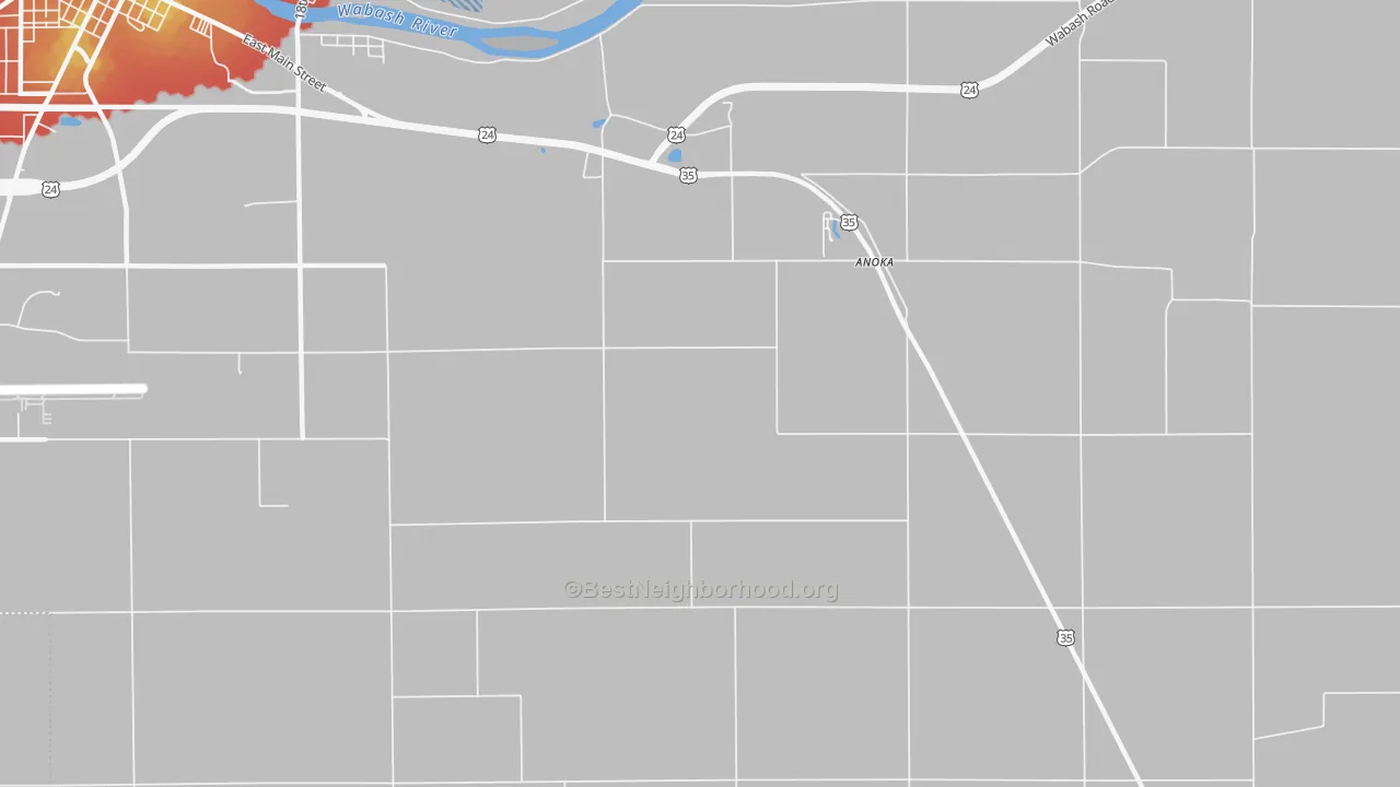 Walk Grade map of Anoka, IN, walkable areas in green and car-dependent areas in red