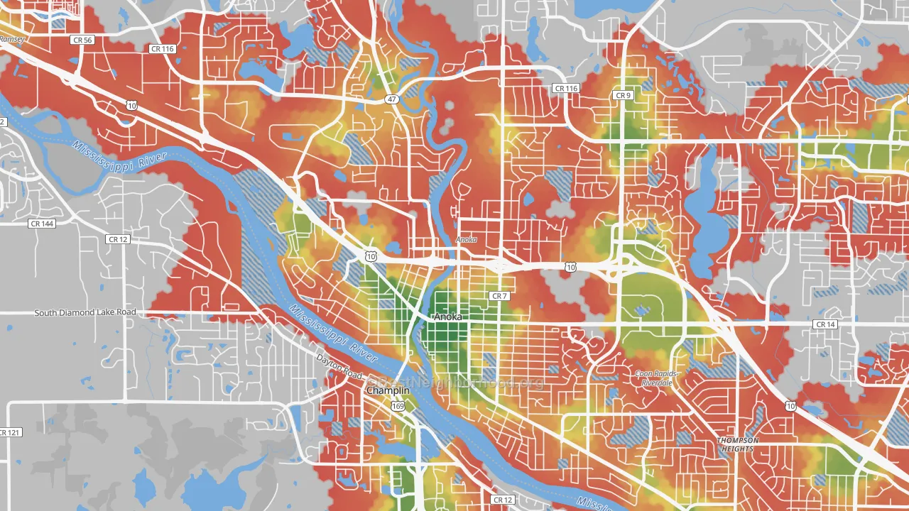 Walk Grade map of Anoka, MN, walkable areas in green and car-dependent areas in red