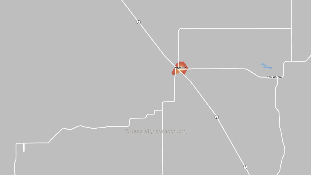 Walk Grade map of Anselmo, NE, walkable areas in green and car-dependent areas in red