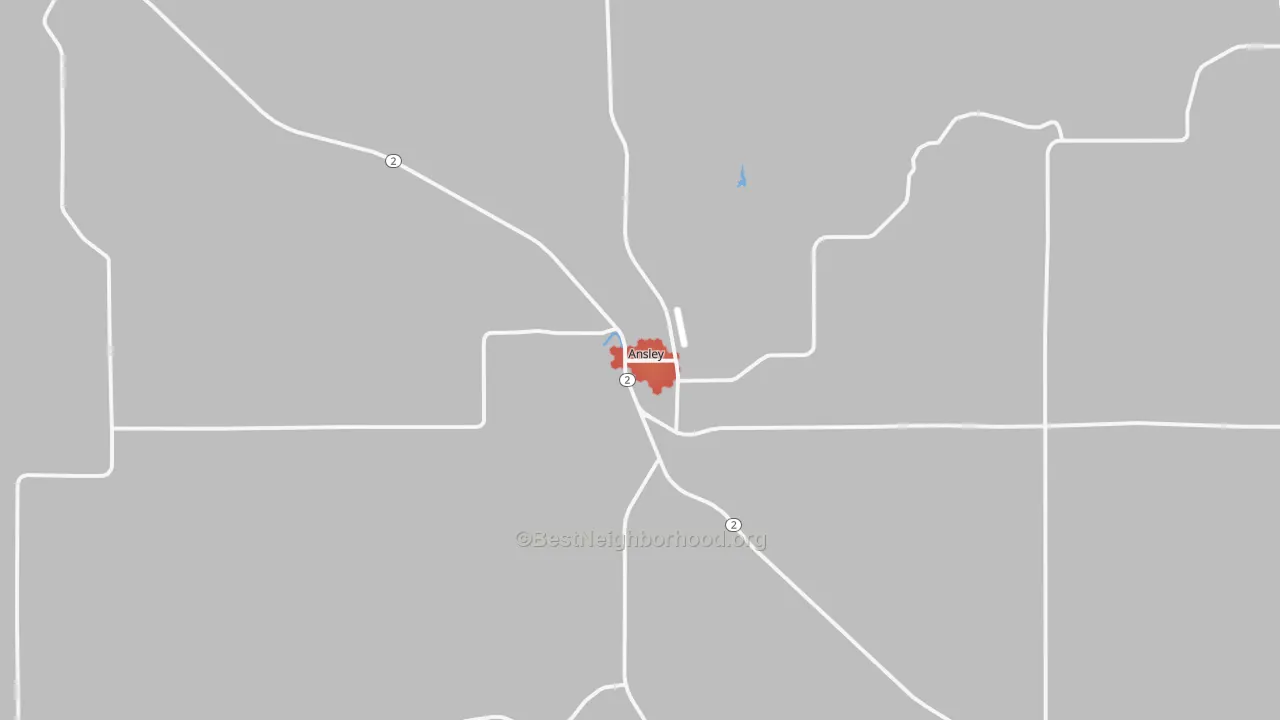 Walk Grade map of Ansley, NE, walkable areas in green and car-dependent areas in red