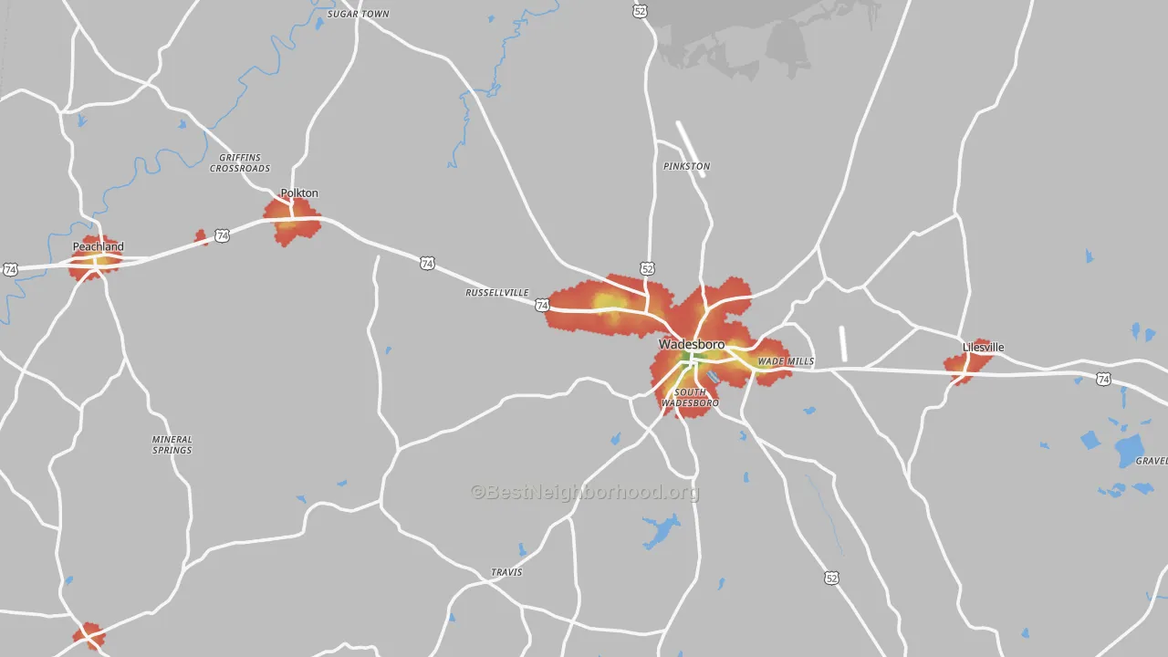 Walk Grade map of Anson County, NC, walkable areas in green and car-dependent areas in red