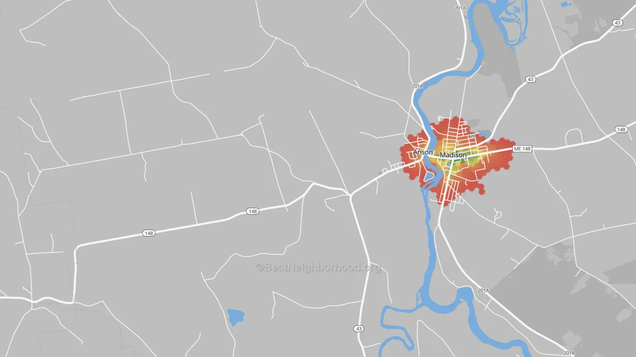 Walk Grade map of Anson, ME, walkable areas in green and car-dependent areas in red