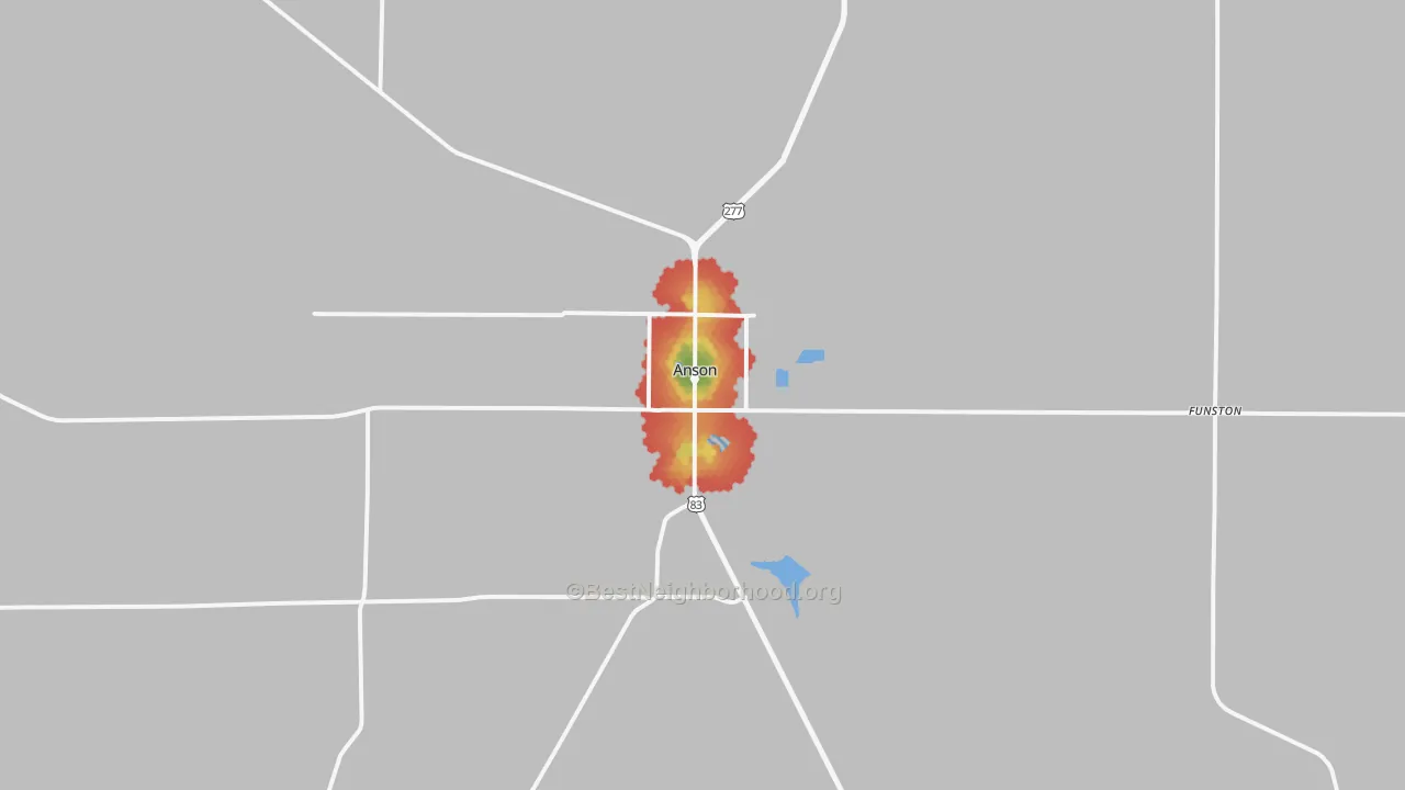 Walk Grade map of Anson, TX, walkable areas in green and car-dependent areas in red
