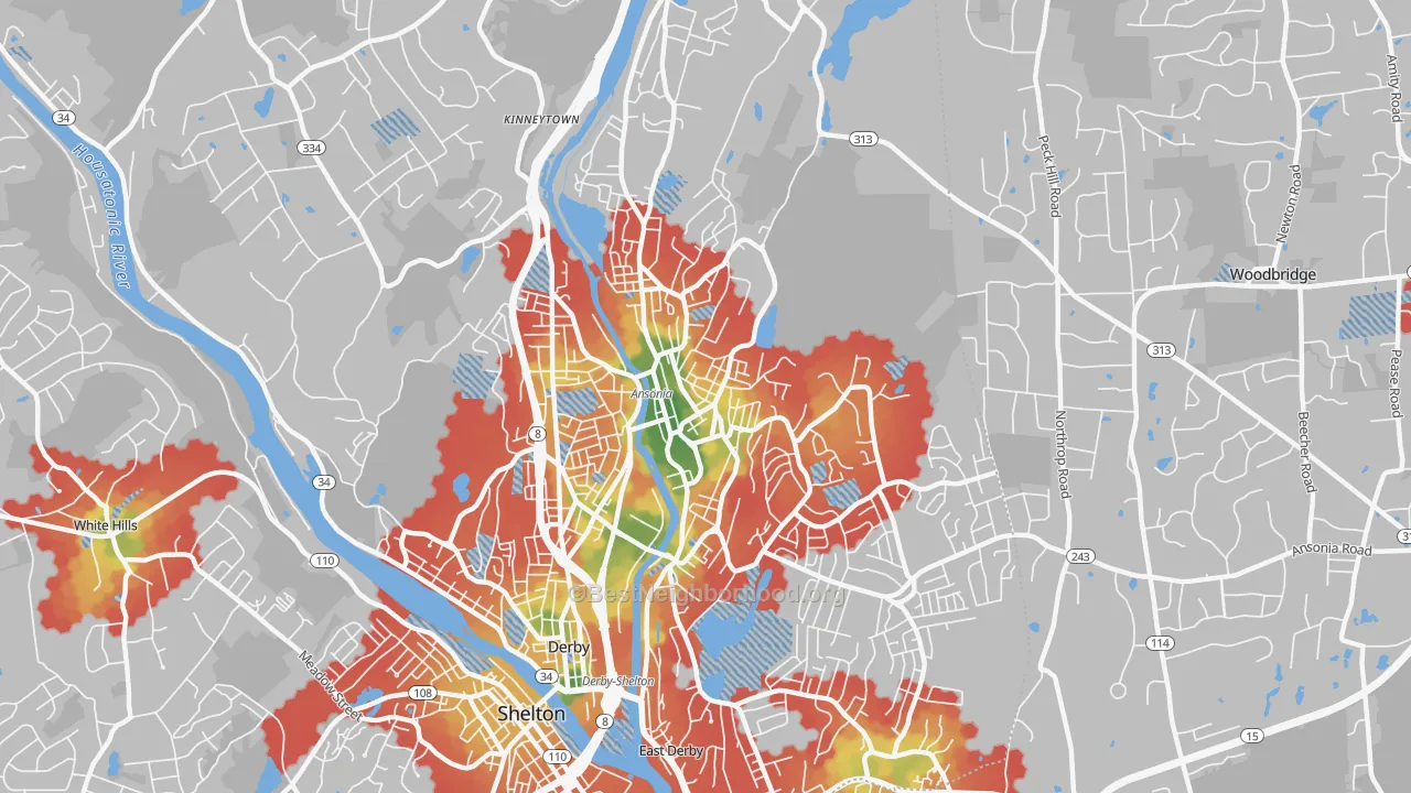 Walk Grade map of Ansonia, CT, walkable areas in green and car-dependent areas in red