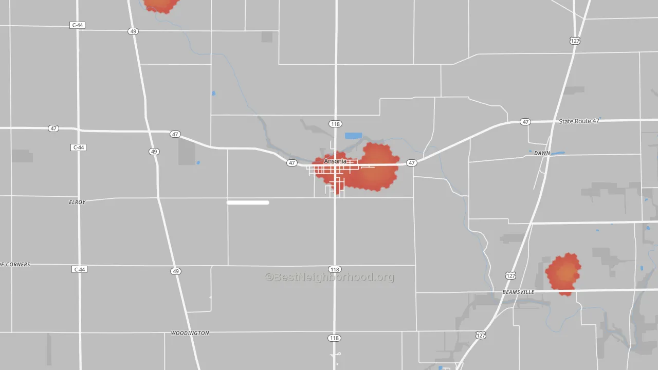 Walk Grade map of Ansonia, OH, walkable areas in green and car-dependent areas in red