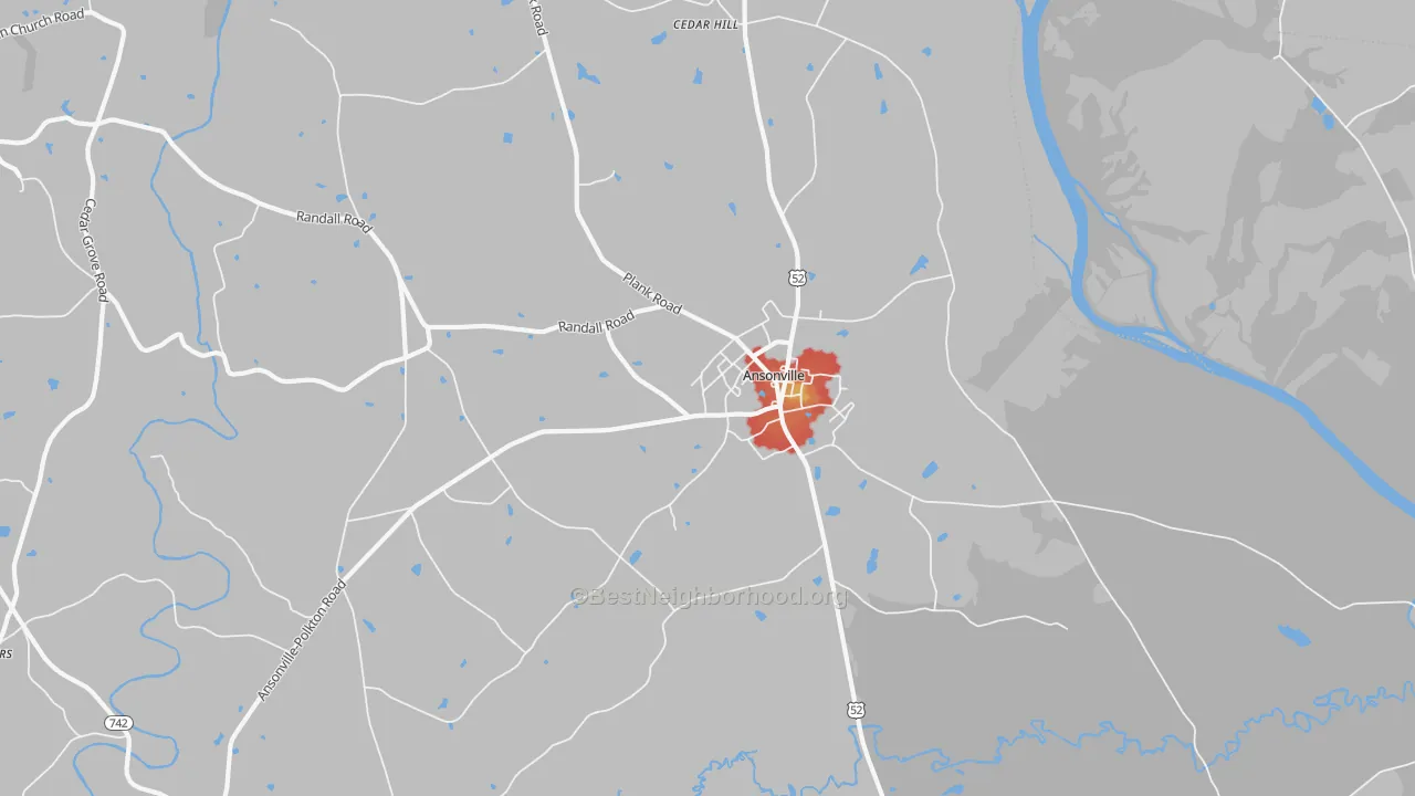 Walk Grade map of Ansonville, NC, walkable areas in green and car-dependent areas in red