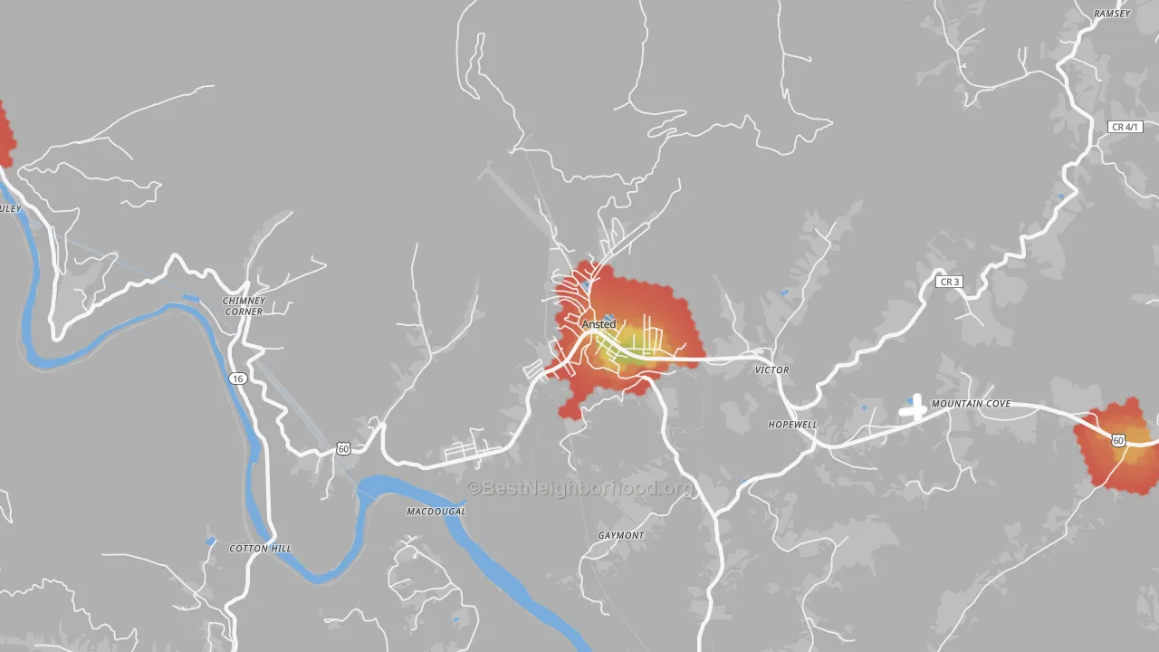 Walk Grade map of Ansted, WV, walkable areas in green and car-dependent areas in red