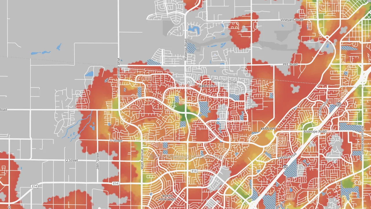 Walk Grade map of Antelope, CA, walkable areas in green and car-dependent areas in red