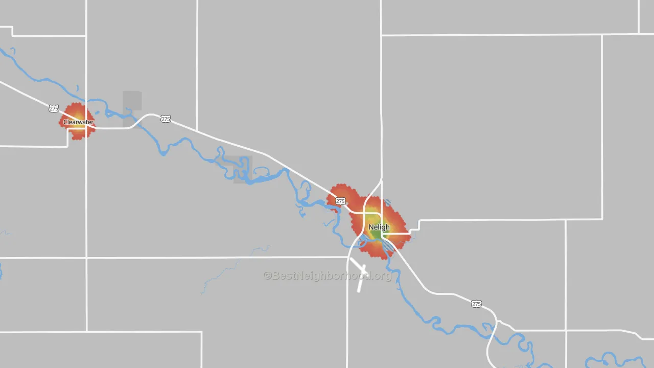 Walk Grade map of Antelope County, NE, walkable areas in green and car-dependent areas in red