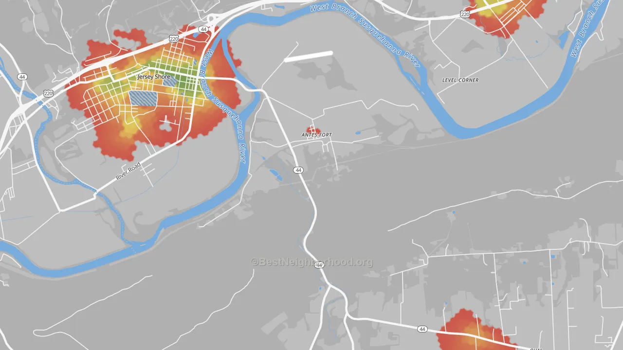 Walk Grade map of Antes Fort, PA, walkable areas in green and car-dependent areas in red